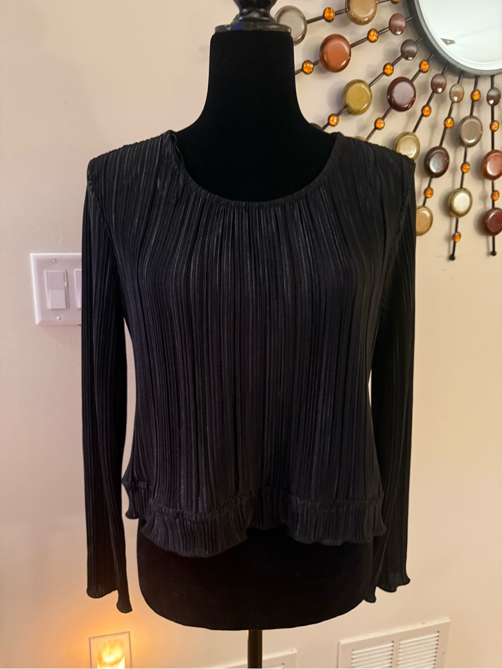 Women's Black Pleated Long-Sleeve Scoop Neck Top